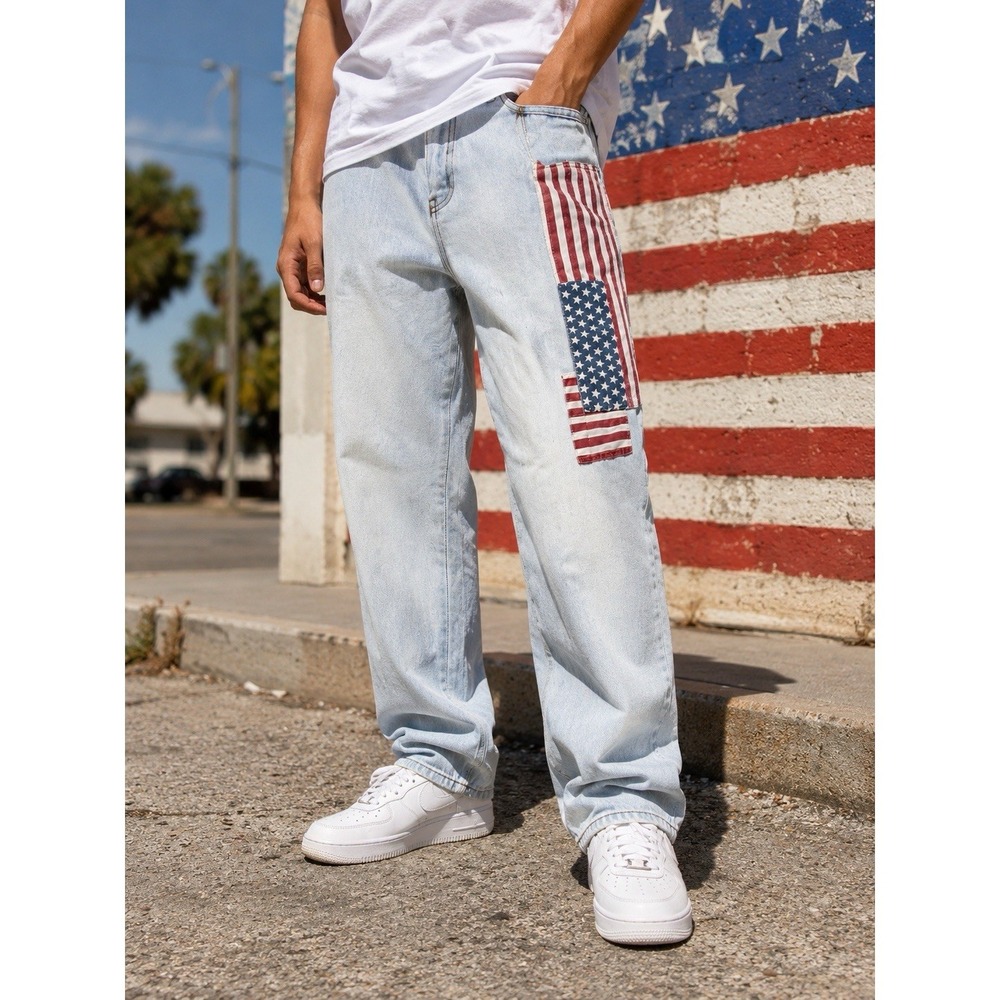 VTG Bugle Boy Jeans Mens 28W 31L Acid Wash Cargo Denim High Waist Y2K USA Flag